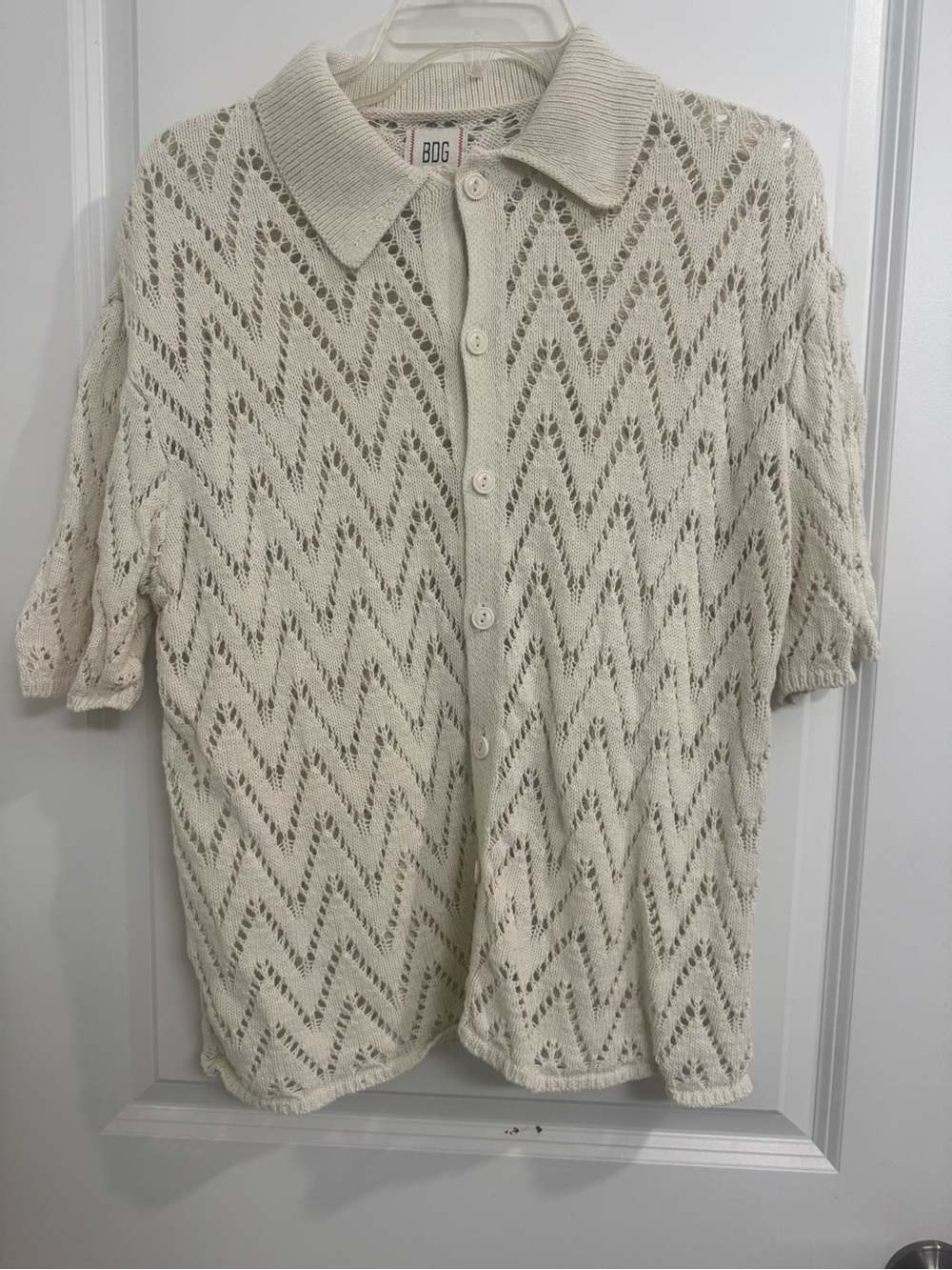 BDG Cream Open-Weave Button-Up Cropped Cardigan